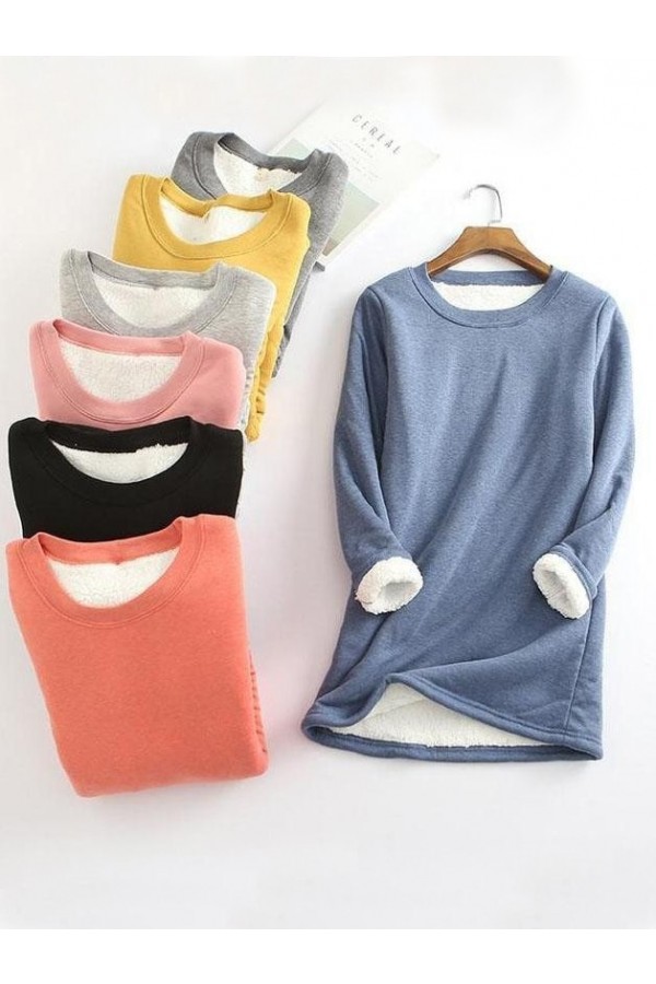 Casual FleeceBlend Round Neck Solid Long Sweatshirt