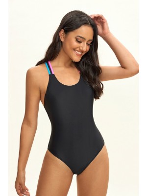 One-piece swimsuit with colorful stripes