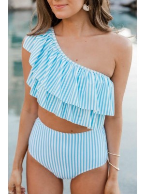 Blue Striped Ruffled One Shoulder Bikini Set