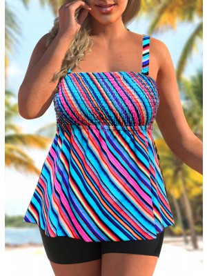 ENSEMBLE DE TANKINI RAYÉ ARC-EN-CIEL TAILLE PLUS SMOCKÉ