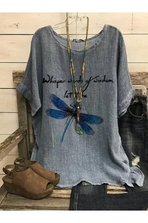 Libellule imprimé décontracté col rond manches courtes chemise et haut gris foncé