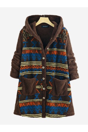 Manteau à Capuche Vintage en Molleton à Boutons avec Poches Plaquées