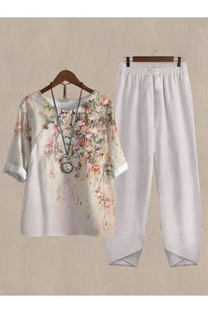 Ensemble deux pièces décontracté en coton et lin à col rond et à fleurs