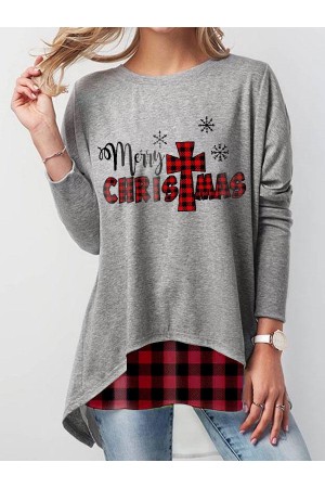 Sweat-shirt imprimé joyeux Noël à carreaux rouge pour femme