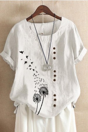 T-shirt boutonné à manches courtes et imprimé d'oiseaux de fleurs