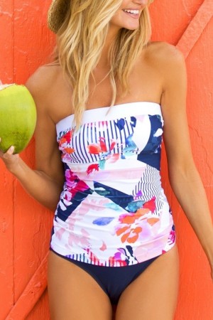 Strapless shirred tankini set with floral print and bandeau