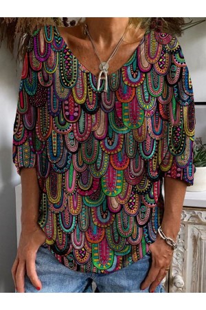 T-shirt décontracté à col en V et à manches longues à imprimé vintage