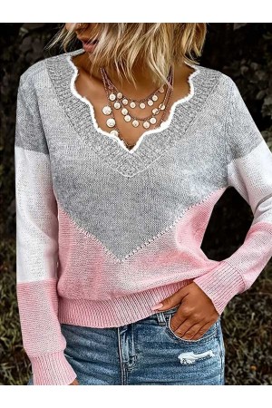 Women's Pullover Sweater Jumper Crochet Knit Oversized Regular V Neck Solid Color Daily Weekend Casual Gray