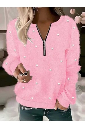 Women's Pullover Sweater Jumper Fuzzy Knit Zipper Glitter Crew Neck Casual Soft Fall Winter White Pink
