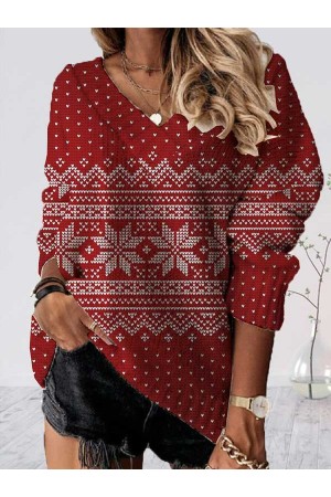 Women's Pullover Sweater Jumper Crochet Knit Print Tunic V Neck Snowflake Christmas Drop Shoulder Fall Winter White Wine