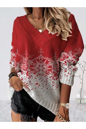 Women's Pullover Sweater Jumper Crochet Knit Print Tunic V Neck Snowflake Christmas Drop Shoulder Fall Winter White