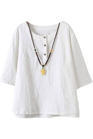 T-shirt à manches 3/4 en coton et lin pour femmes