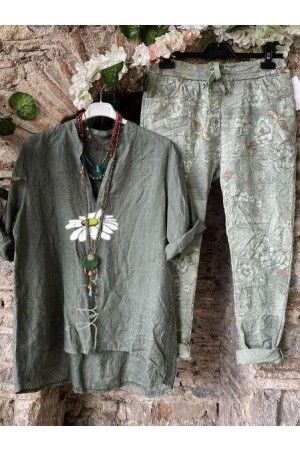 Costumes en coton mélangé à fleurs à col en V rétro vert armée