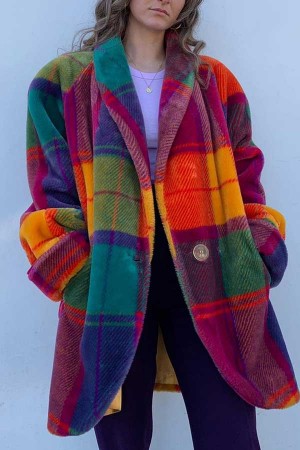 80‘s Retro Neon Plaid Fur Coat