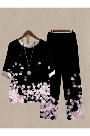 Sakura Print Top Et Pantalon Lin Deux Pièces