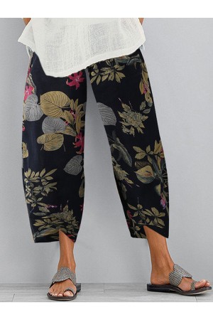 Pantalon décontracté à taille élastique à imprimé floral vintage