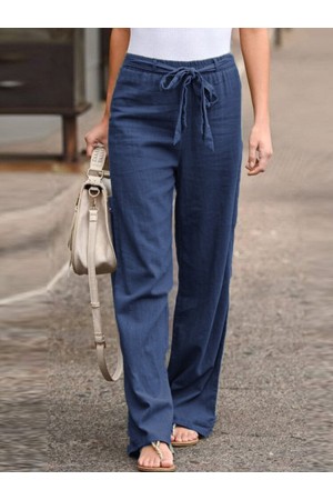Pantalon droit décontracté à taille élastique avec nœud papillon