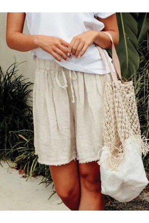 Short Uni Décontracté En Lin Et Coton Mélangé