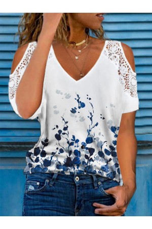 Chemise décontractée en dentelle florale à col en V