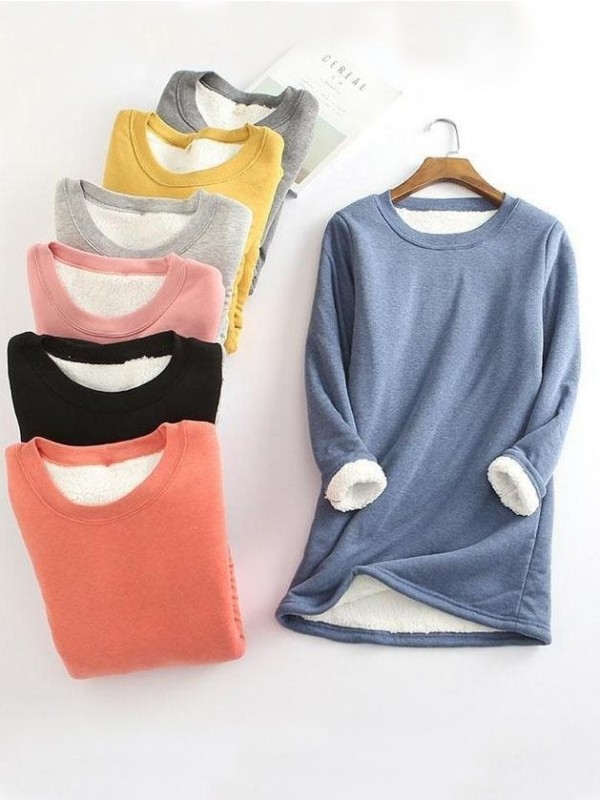 Casual FleeceBlend Round Neck Solid Long Sweatshirt