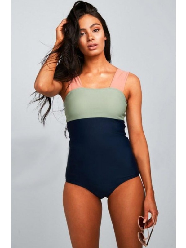 Aquanora Maillot De Bain Une Pièce Gris Et Noir Col Carré