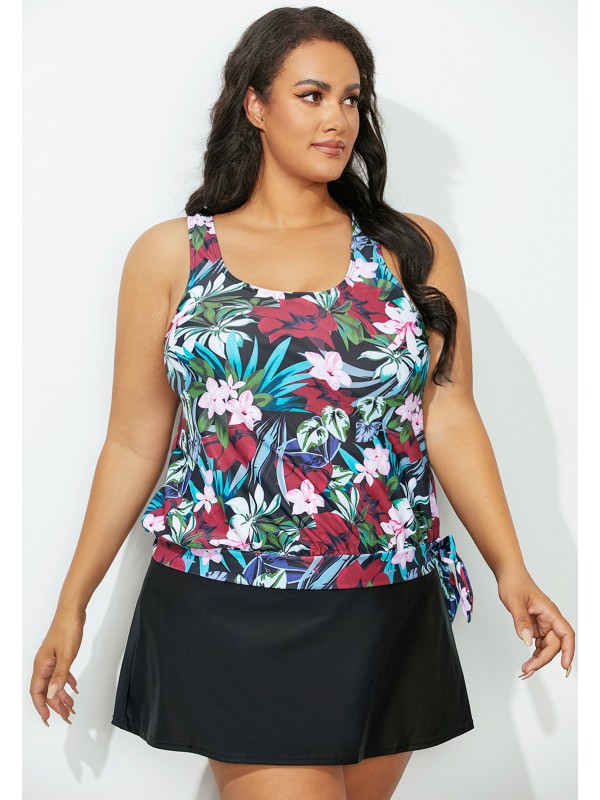 Floral Side Tie Blouson Tankini Top With Skirt