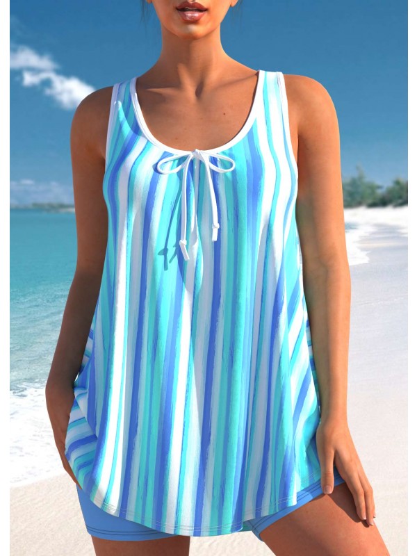 Wide Strap Striped Sky Blue Tankini Set