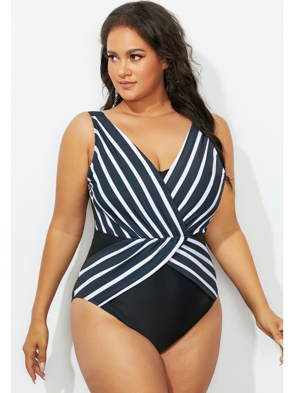 Black Striped Vneck OnePiece Swimsuit