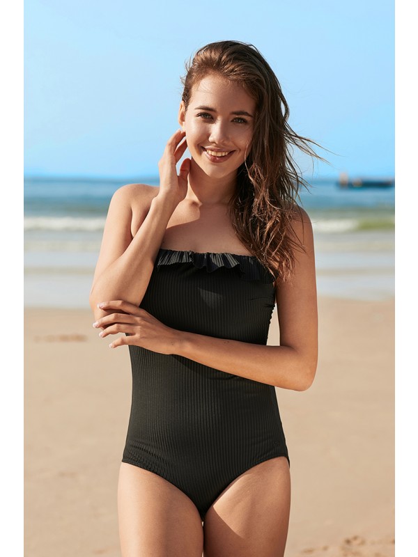 AquaNora Solid Black Groove Ruffle Halter OnePiece Swimsuit