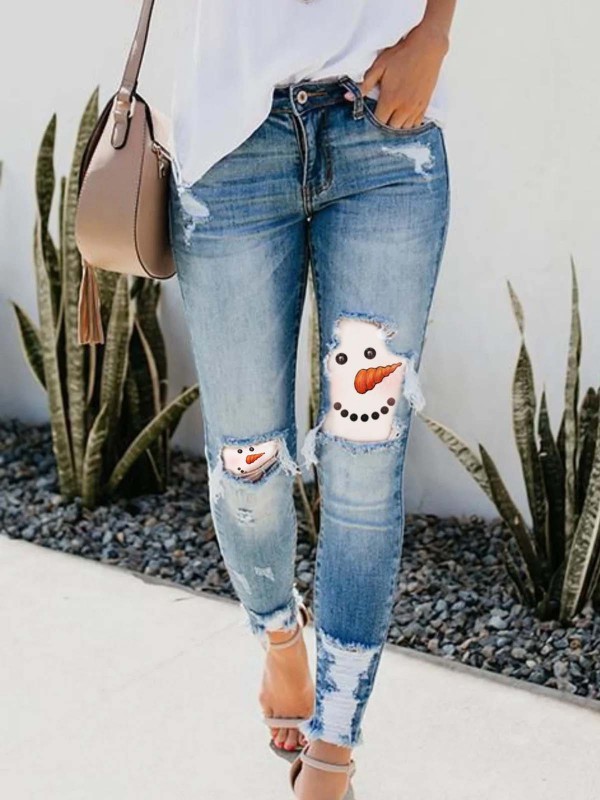 Women's Snowman Face Printe Christmas Jeans