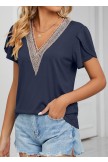 Patchwork Navy V Neck Short Sleeve T Shirt