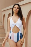 AquaNora White Gingham And Striped Tie Front Onepiece Swimsuit