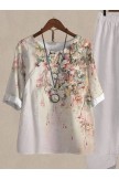 Casual Crew Neck Floral Cotton And Linen TwoPiece Set