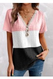 Pink Lace Short Sleeve V Neck T Shirt