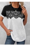 Grey Lace Short Sleeve Round Neck T Shirt