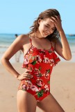 AquaNora Red Floral Ruffle Scoop Neck OnePiece Swimsuit