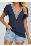 Patchwork Navy V Neck Short Sleeve T Shirt