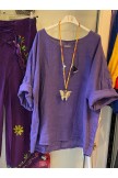 Purple Crew Neck Vintage CottonBlend Short Sleeve Suits
