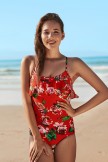 AquaNora Red Floral Ruffle Scoop Neck OnePiece Swimsuit
