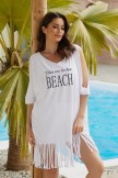 AquaNora White Letter Printed Cold Shoulder Fringed Cover Up