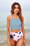 AquaNora Stripe Strap Bikini Top With High Waist Floral Bottom