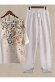 Casual Crew Neck Floral Cotton And Linen TwoPiece Set