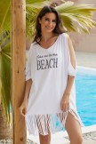AquaNora White Letter Printed Cold Shoulder Fringed Cover Up
