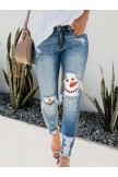Women's Snowman Face Printe Christmas Jeans